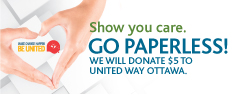 Image for Show you care. Go Paperless! Register by December 31st and we will make a $5 donation to the Brighter Tomorrows Fund, a partnership with United Way Ottawa! Register today by calling 613-738-6400 or visiting hydroottawa.com.