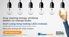 Stop wasting energy climbing ladders to change bulbs. Start using long-lasting LEDs instead. Image for Stop wasting energy climbing ladders to change bulbs. Start using long-lasting LEDs instead.