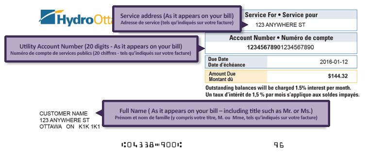 A sample of a Hydro Ottawa bill pointing out the needed information for an OESP application.